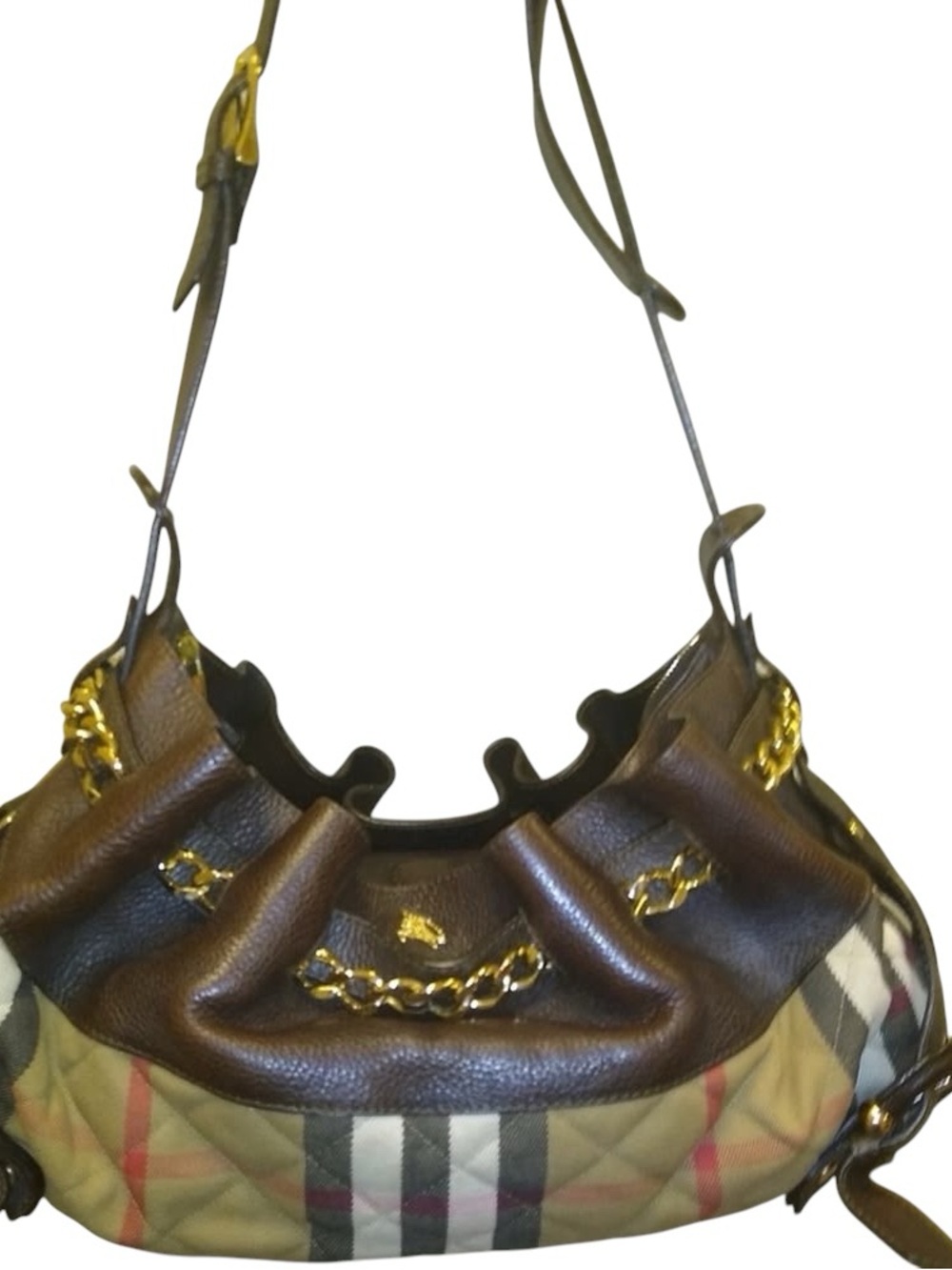 Burberry Margaret Shoulder Bag Quilted Nova Check Plaid Fabric Leather Brass